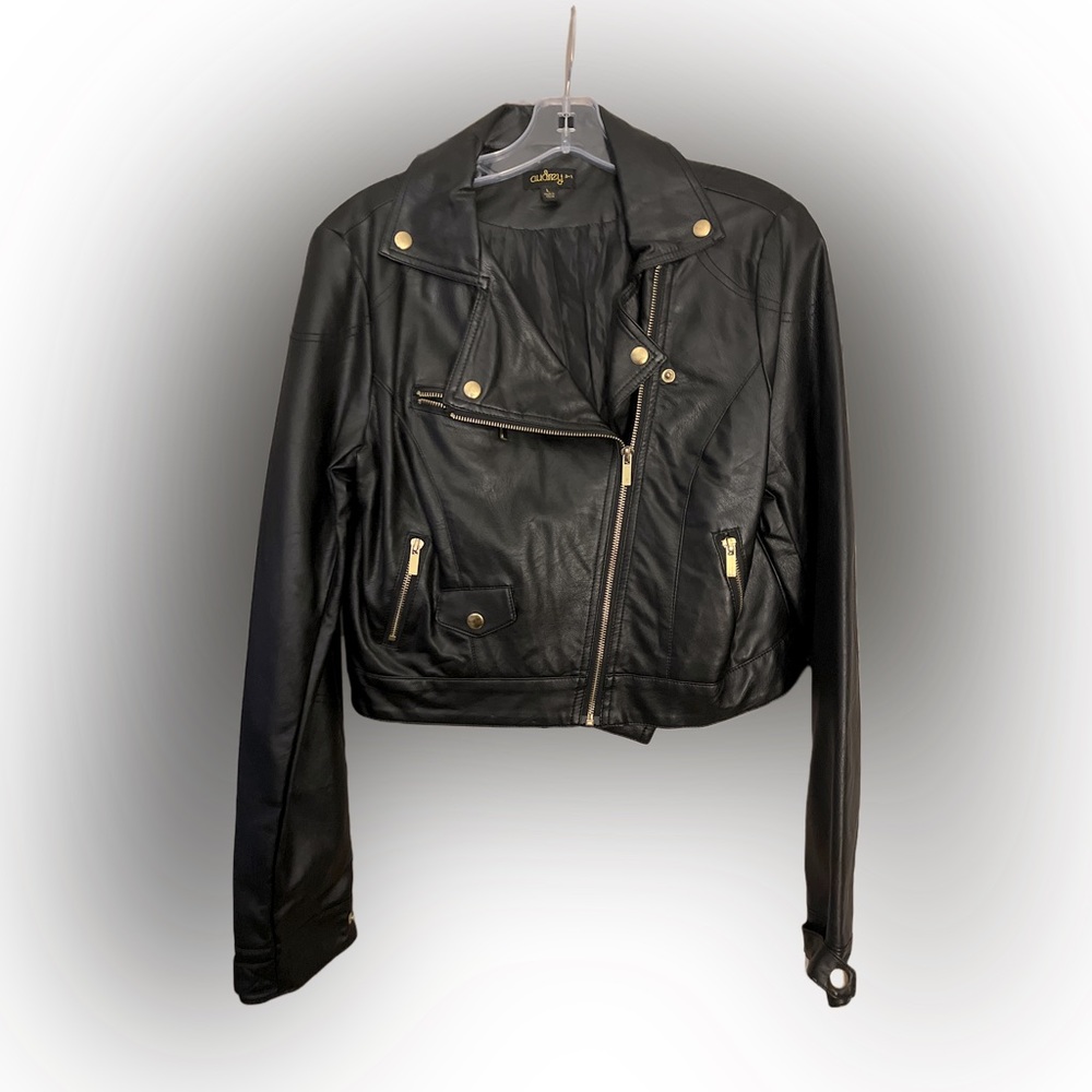 Audrey Moto Jacket with gold detail buttons and zippers